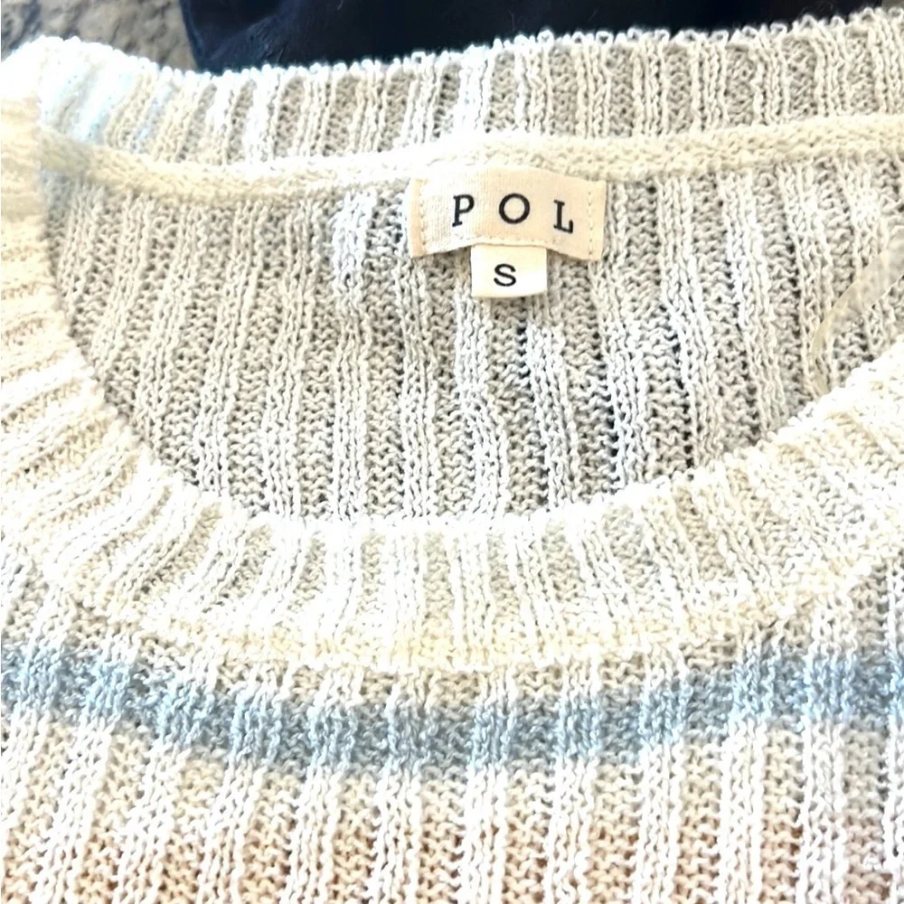 Anthro’s POL Sweaters Cable Knit Color Block,Sky Blue,Tangerine, Excellent Cond.